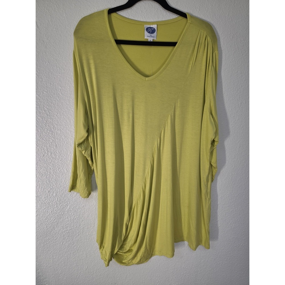 NWT DG2 Diane Gilman Women 1X Yellow V-Neck Long Sleeve Blouse Top Shirt Tunic
